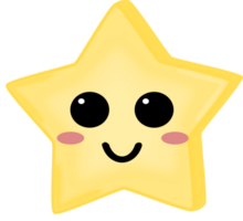 Cute yellow star smile face has big eyes and little light dot. Doodle star. PNG illustration.