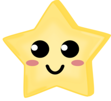 Cute yellow star smile face. Big eyes and medium light dot. Doodle star. PNG illustration.