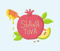 Shana Tova handwritten lettering on pomegranate, with apple slice, honey isolated composition. Rosh Hashanah banner. Jewish New Year. For greeting card, holiday design. vector