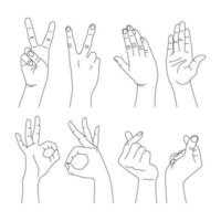 Hand gesture, hand sign, line art set of vector illustrations isolated on white background. Different angles. OK sign, thumb up, heart on thumb, etc