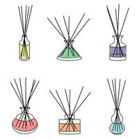 Home aromatherapy vector set. Colored diffusers with sticks isolated on white
