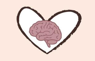 Cute brain in heart. Logic and feeling,  Balance your life vector illustration. mental health and meditation.