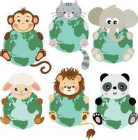 Set of cute animals with a globe vector