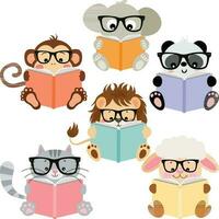 Set of cute animals reading a book vector