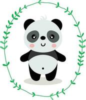 Cute panda inside an oval leaves border vector