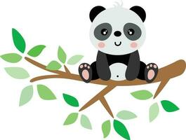 Funny panda on branch of tree with green leaves vector