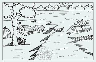 Hand drawing nature, river, lotus, sun, tree, hut and sun rise vector art design.