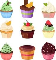 set of creamy muffins, desserts, cakes, cupcakes, chocolate cream, vanilla cream vector