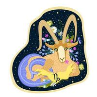 Capricorn. Zodiac sign. Vector isolated composition on dark blue background. Horoscope concept. Goat with horn-shaped tail on a floral background