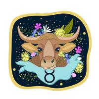 Taurus. Zodiac sign. Vector isolated composition on dark blue background. Horoscope concept. Ram with curled horns in flowers