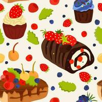 Cakes and berries. Vector seamless pattern.