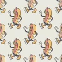 Hot dog vintage mascot cartoon character seamless pattern monochrome vector