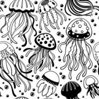 Seamless pattern with jellyfish. Design with ocean creatures. Vector black and white clipart on a marine theme. Perfect for wallpaper, fabric,  textile, wrapping paper in sea style.