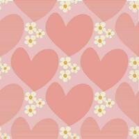 Seamless pattern with heart shape with flowers of daisy flowers in Groovy style on a light pink background vector