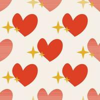 Seamless pattern with red hearts on pink background with stars in groovy style vector