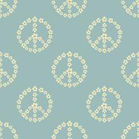 Seamless pattern with a peace symbol made of chamomile flowers in Groovy style on bllue color background vector