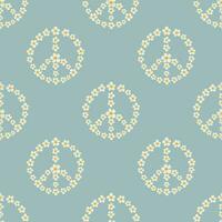 Seamless pattern with a peace symbol made of chamomile flowers in Groovy style on bllue color background vector