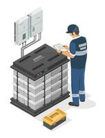 Technician installer working with Solar cell system Saltwater battery set offgrid inverter element isometric isolated cartoon vector