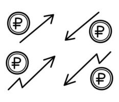 Set of illustrations of the growth and fall of the ruble. Russian national currency. Hand drawn sketch icon of coin with the ruble symbol and arrow up and down. Doodle line style. vector