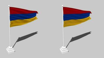 Armenia bandiera senza soluzione di continuità loop agitando con polo base In piedi e ombra, isolato su alfa canale nero e bianca Opaco, pianura e urto struttura stoffa variazioni, 3d interpretazione video