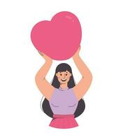 Vector illustration of cartoon woman holds heart isolated on white background. Art for Vilentine's card, newsletters, advertising, mailing list, business, greetings, seo, social media.