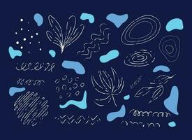 Handdrawn elements set for design in the beauty. A collection of abstract shapes, individual ink dots, circles, plants, stripes on a dark background. vector