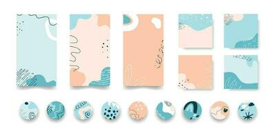 Social media kit with abstract pastel banner templates, storis and highlighters. Vector smooth shapes and handdrawn elements