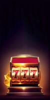 Golden Glowing Slot Machine with Winning Combination of Triple Seven. Casino Games Concept. Vertical Banner Design and Copy Space. Technology. photo