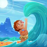 Little Hawaiian Girl Playing with Ocean Wave Concept vector