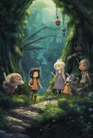 Disney Style Cute Boy and Girls Standing Animal Friends Standing At Dark Forest, Digital Illustration. photo