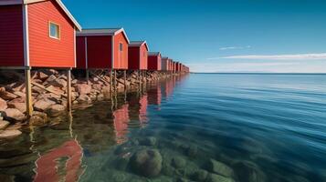 Blue water of ocean with blushing cabins on shore. Creative resource, photo