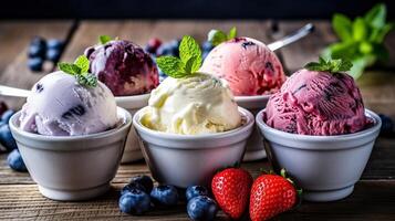 Keeping of ice cream flavor whit unused blueberry, strawberry, kiwi, lemon, vanilla setup on common establishment. Creative resource, photo