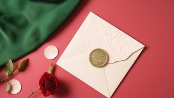 Top View of Golden Seal on Embossed Invitation Card with Rose Flower and Green Fabric on Red Background. Illustration. photo