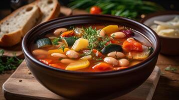 Bean and vegetables soup in ceramic bowl on wooden table. Creative resource, photo