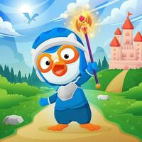 Adventure of Cute Little Penguin in Fantasy World vector