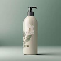 Cherry Flower Print Pump Bottle Mockup on Pastel Green Background. 3D Rendering , . photo