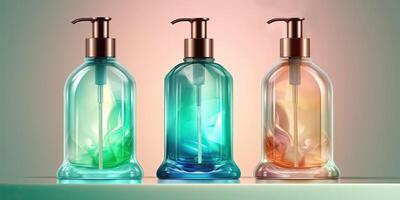 Three Color Essential Transparent Fluid Pump Bottles Mockup Set Against Pink And Green Gradient Background. photo