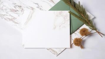 Top View of Blank White Paper with Green Envelope, Fir Leaves, Dry Flowers on Marble Texture Background. . photo