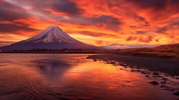 Astounding sunset, mountain and lake. Creative resource, photo