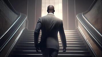 Back View of Businessman Climbing Stairs Towards the Lights Door Background, Success and Leadership Concept. Technology. photo