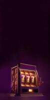 Golden and Purple Slot Machine with Winning Combination of Triple Seven. Gambling Addiction, Casino Games Concept. Technology. photo