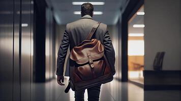 Back View of Businessman with a Backpack Walking on Hallway of Office Building. Technology. photo