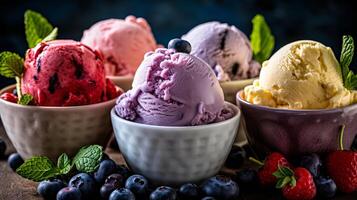 Keeping of ice cream flavor whit unused blueberry, strawberry, kiwi, lemon, vanilla setup on common establishment. Creative resource, photo