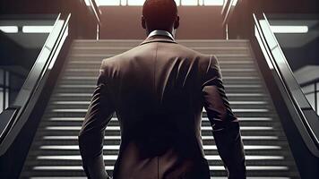 Back View of Businessman Climbing Stairs to Success and Leadership. Technology. photo