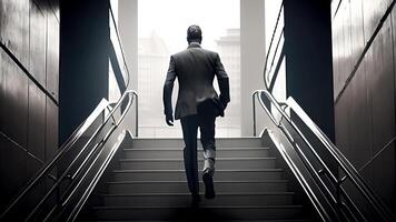 Back View of Businessman Climbing Stairs Towards the Light. Success and Leadership Concept. Technology. photo