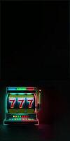 Neon Shine Casino Slot Machine with Winning Combination of Triple Seven. Gambling Addiction, Casino Games Concept. Lucky One Armed Bandit, Technology. photo