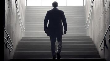 Back View of Businessman Climbing Stairs to the Bright Light Door Background, Success and Leadership Concept. Technology. photo