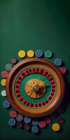Top View of Roulette Wheel Surrounded by Colorful Poker Chips Against Green Background and Copy Space, Casino Gambling Concept. Generative AI. photo