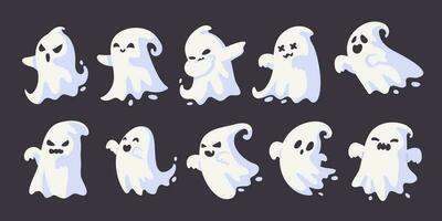 Cartoon ghost in white robe floating Haunt and scare people on Halloween night. vector