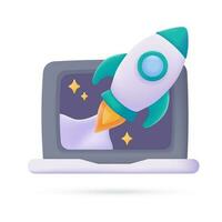 3D rocket coming out of computer monitor concept of commitment to business goals vector